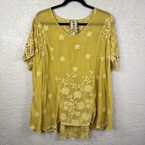 Johnny Was Womens Oversized S Top Sheer Yellow Embroidered Boho Fairy Romantic